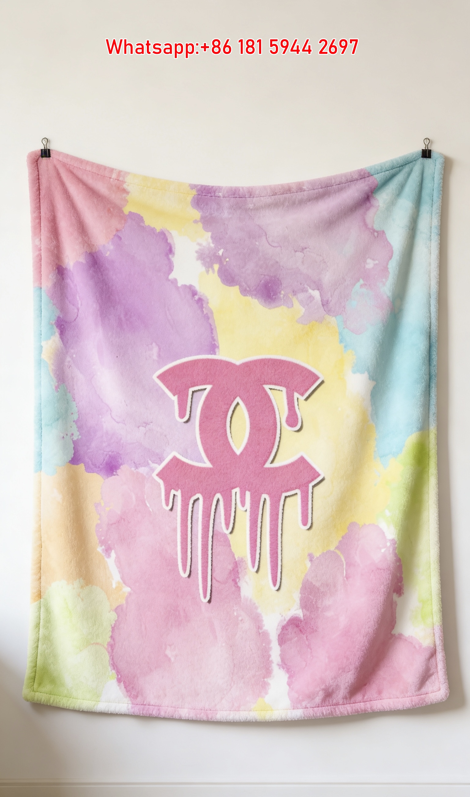 Chanel Luxury Flannel Sofa Throw - Pastel Watercolor & Pink Dripping CC Logo Wall Decor Blanket IMG_7292